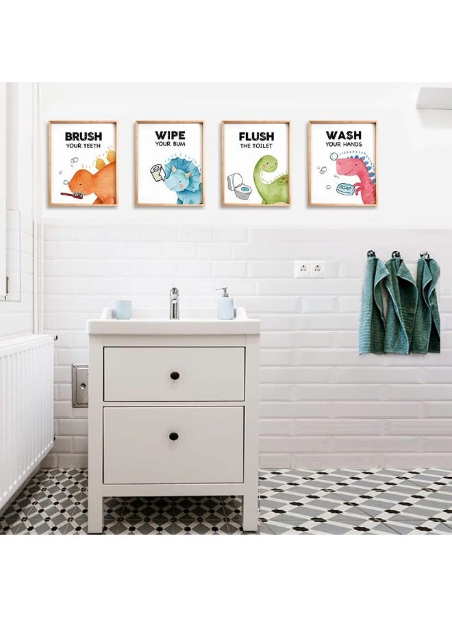 FALJIOK Funny Dinosaur Bathroom Decor, Fun Gag Brush Flush Wipe Wash Wall Art Prints Decorations for Nursery Bathroom, Dinosaur Posters for Son Daughter Set of 4(8" x 10") Unframed - Image 2